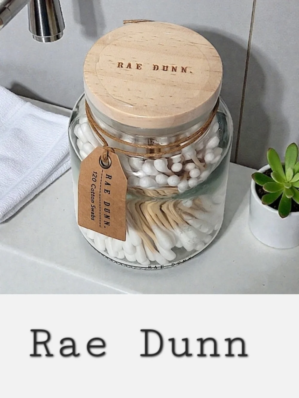 Rae Dunn 'COTTON SWABS' Clear Glass Black Label Jar 120 Count With Gift Tag